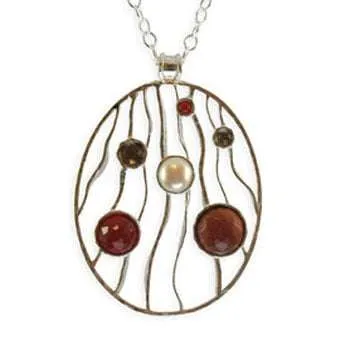 Large Oval Silver Pendant with Gemstones and Pearl